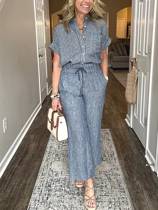 Cotton Linen Striped Classic Pocket Shirt Set