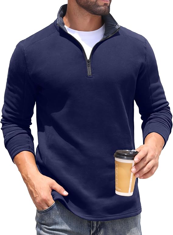 Mens Quarter Zip Sweatshirt Fleece Long Sleeve Pullover Casual Mock Neck Polo Sweater