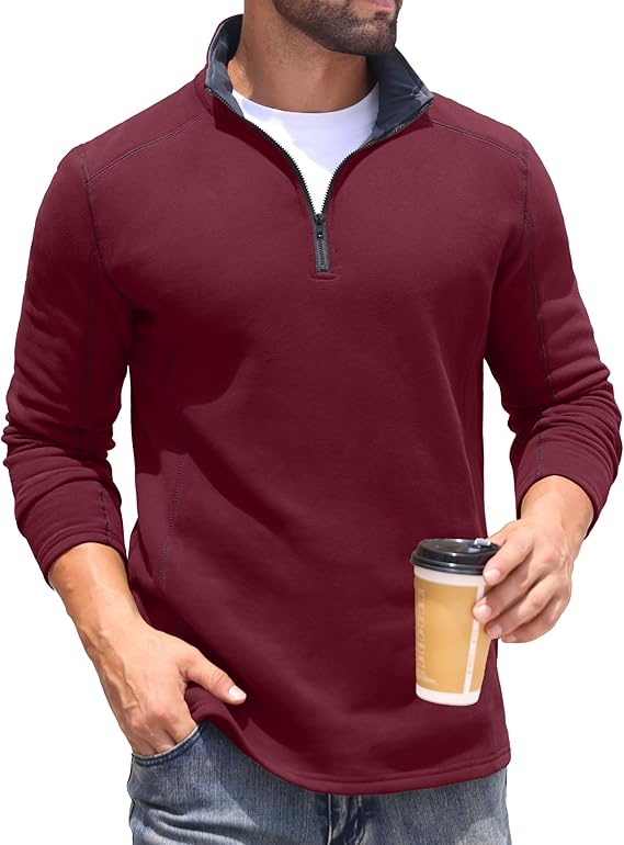 Mens Quarter Zip Sweatshirt Fleece Long Sleeve Pullover Casual Mock Neck Polo Sweater