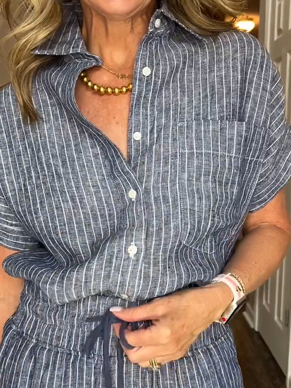 Cotton Linen Striped Classic Pocket Shirt Set