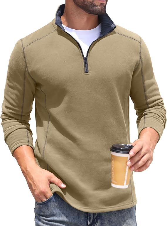 Mens Quarter Zip Sweatshirt Fleece Long Sleeve Pullover Casual Mock Neck Polo Sweater