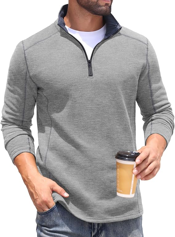 Mens Quarter Zip Sweatshirt Fleece Long Sleeve Pullover Casual Mock Neck Polo Sweater