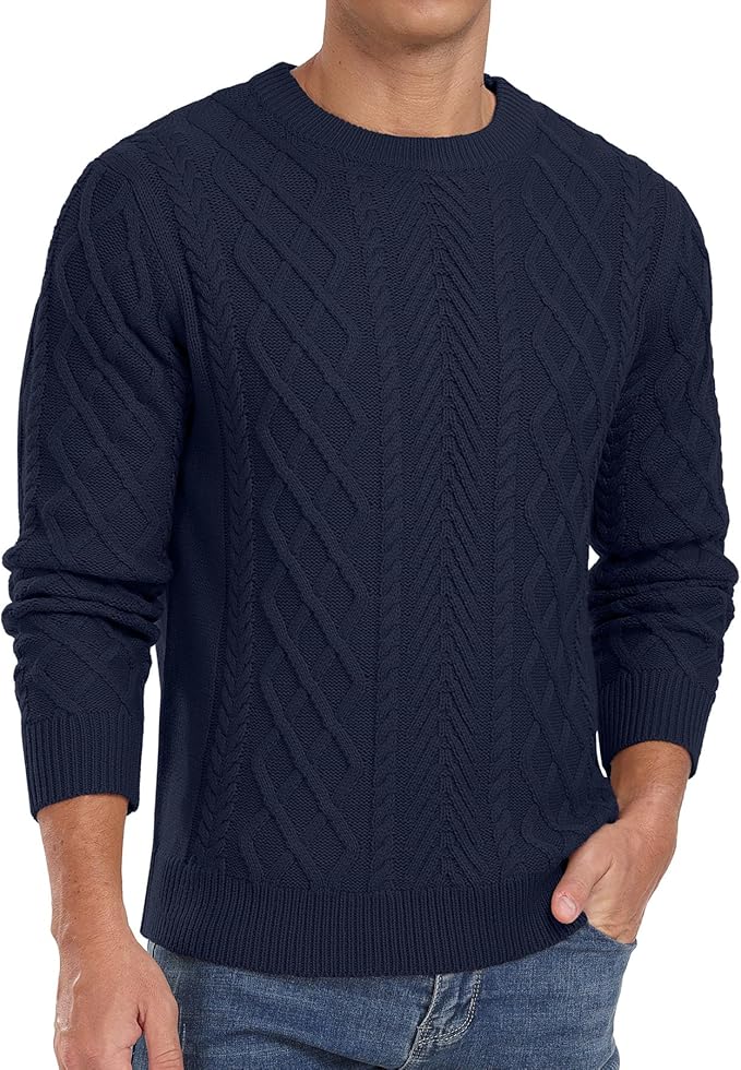 Men's Pullover Sweater Fisherman Long Sleeve Chunky Knit Sweater Classic Casual Crewneck Sweaters