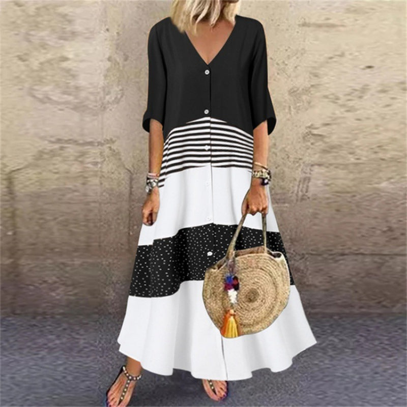 New summer V-neck short-sleeved printed long dress
