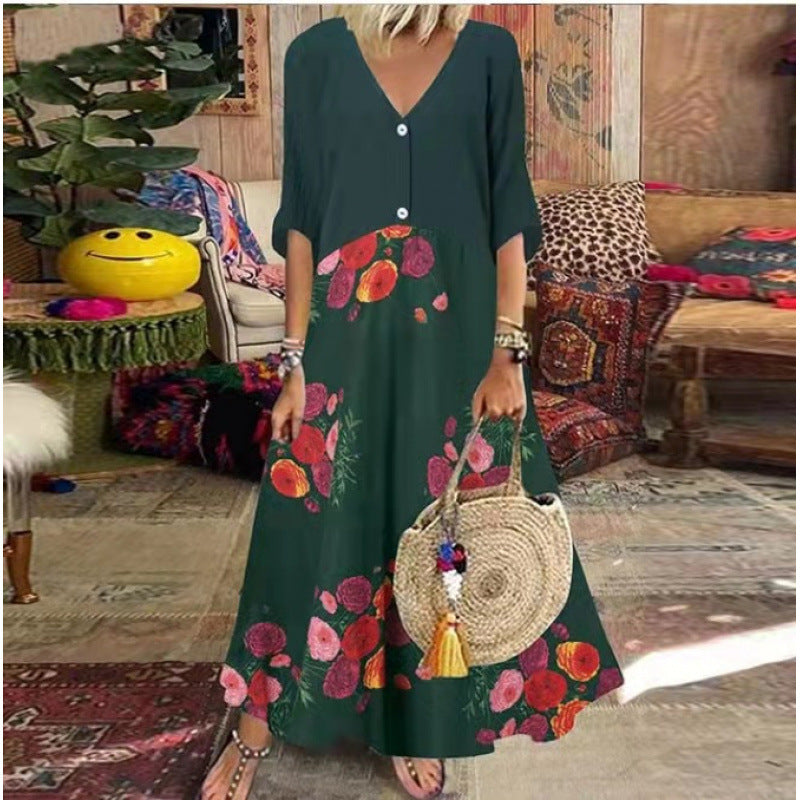 New summer V-neck short-sleeved printed long dress