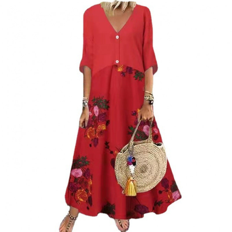 New summer V-neck short-sleeved printed long dress