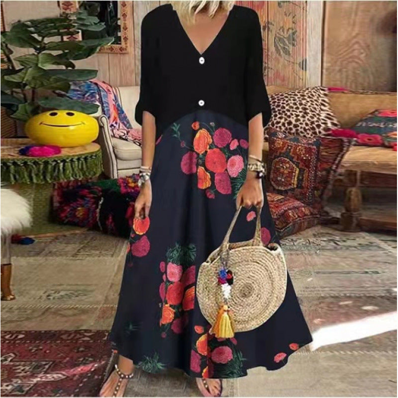 New summer V-neck short-sleeved printed long dress